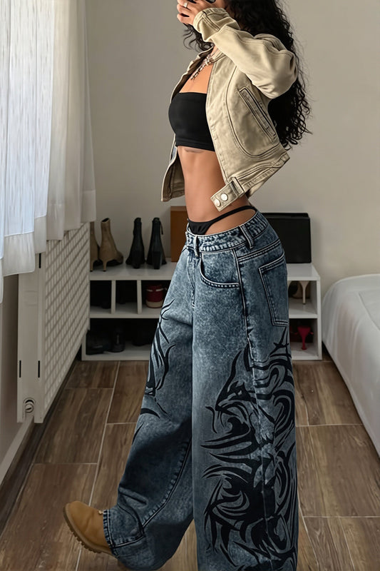 Locker geschnittene Jeans mit Druck in Grau