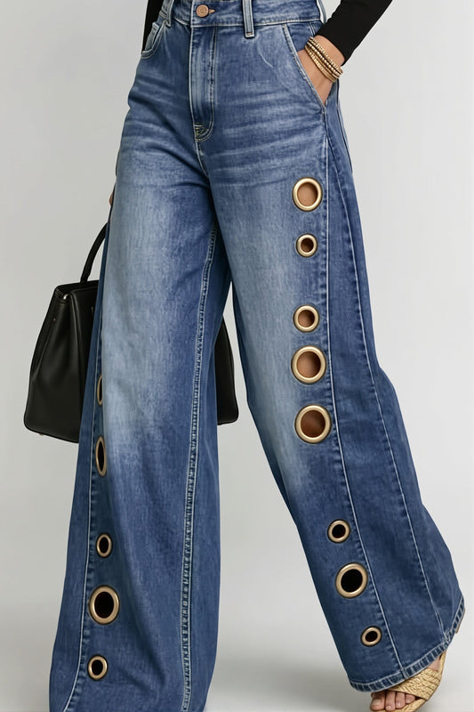Damen Jeans mit weitem Bein und Ösen-Details