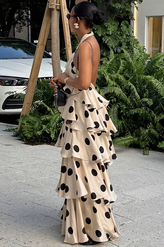 Rückenfreies Maxikleid mit Neckholder, Punktemuster und Strickstruktur