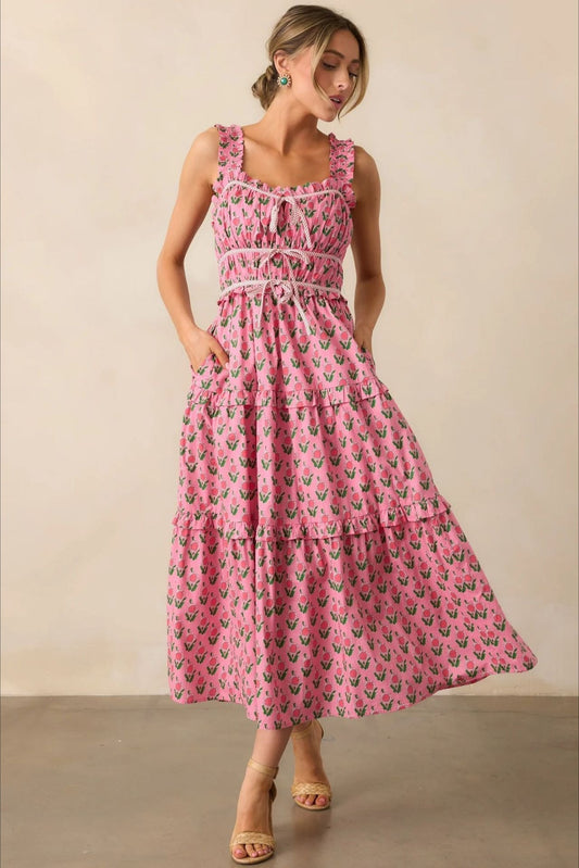 Kleid mit Blumenmuster in Rosa, lang