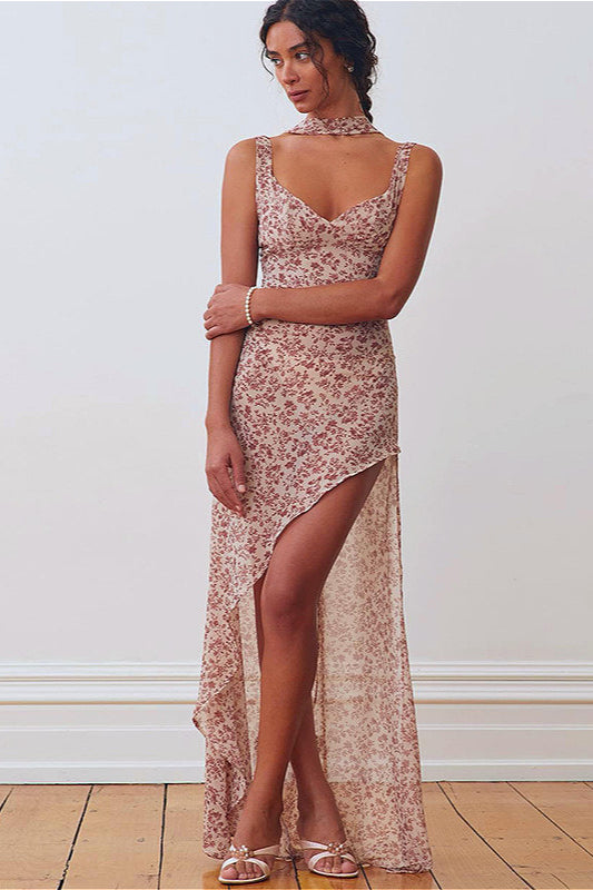 Rückenfreies Kleid mit Schlitz, Bindedetail und Blumenmuster