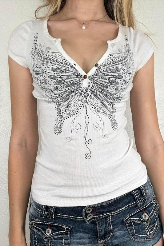 Figurbetontes T-Shirt mit Knopfdetails und Grafikdruck