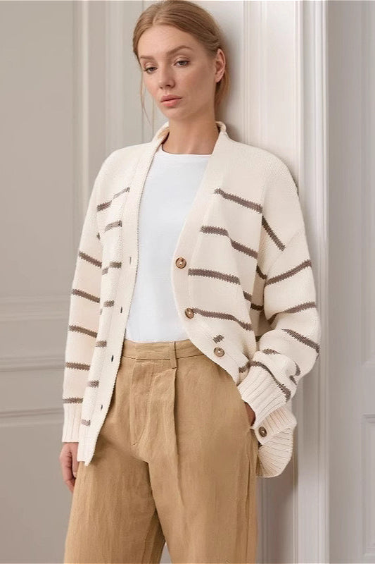 Strickjacke mit V-Ausschnitt, Streifenmuster und Strickstruktur