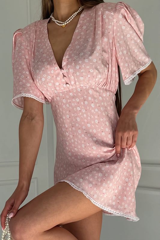 Minikleid mit V-Ausschnitt, A-Linie und Blumenmuster