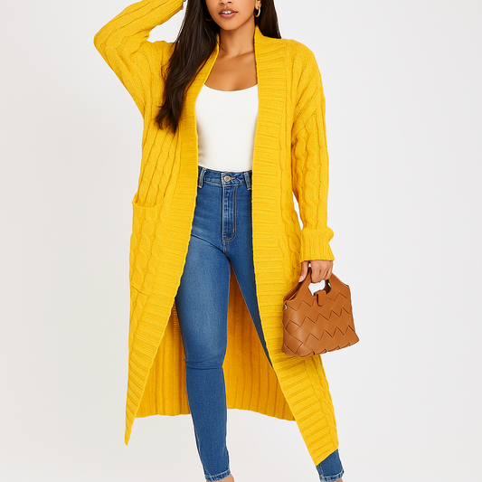 Lange, offene Damenstrickjacke mit Flechtmuster - Tammy