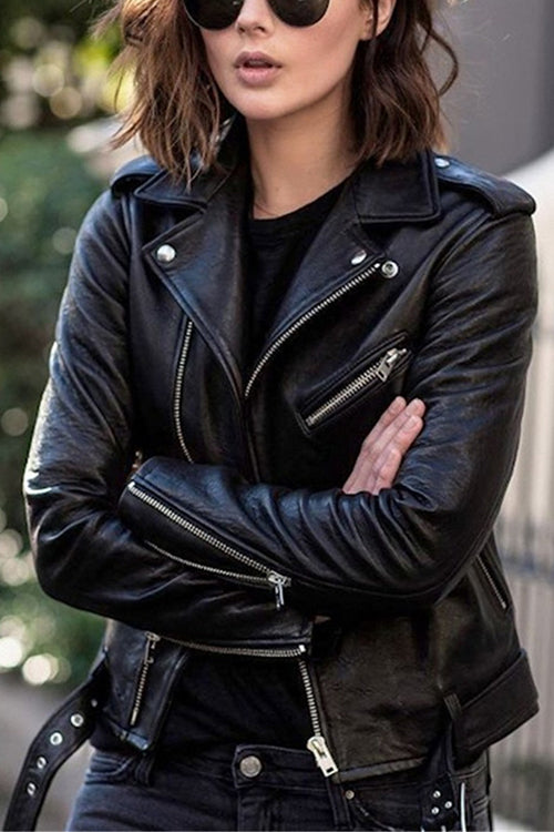 Vintage-Kunstlederjacke mit Revers und Reißverschluss