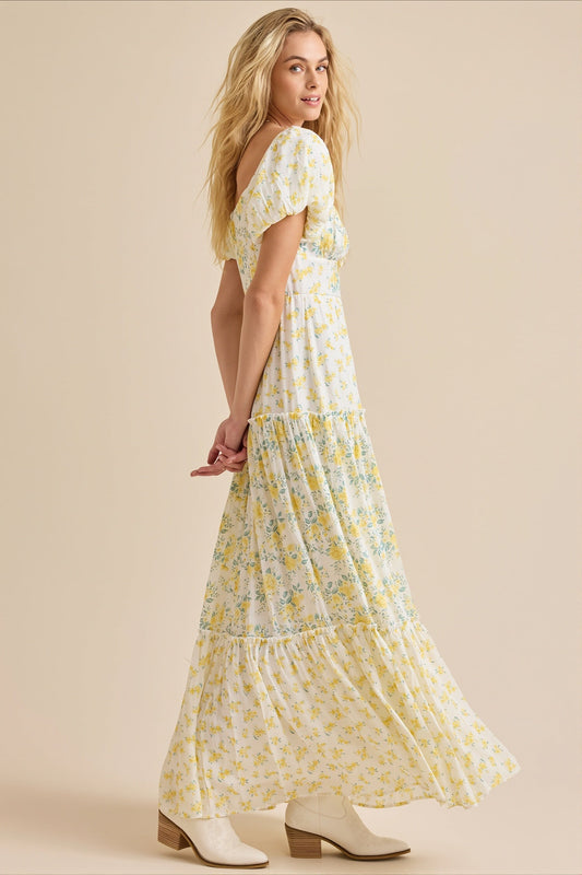 Kleid mit V-Ausschnitt, Puffärmeln und Blumenmuster