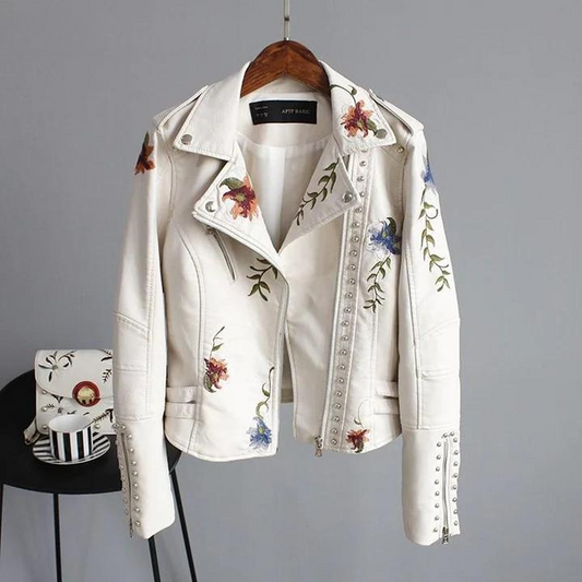 Moderne Lederjacke mit Blumenstickerei