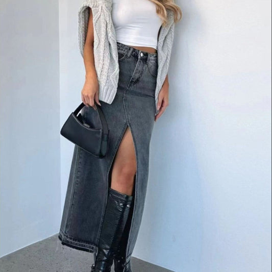 Langer Damenrock aus Denim mit hoher Taille und Rückenschlitz - Emilie