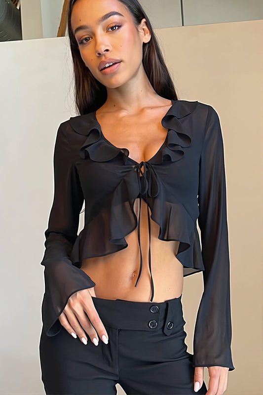 Bluse mit kurzem Schnitt, Netzdetails und Rüschen