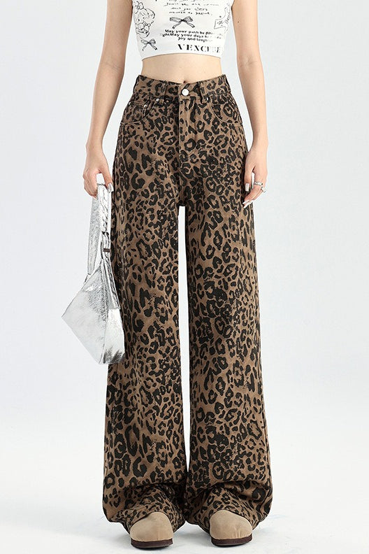 Damen Jeans mit weitem Bein und Leopardenmuster