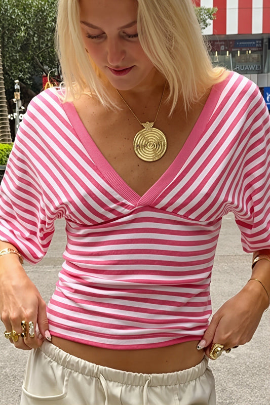Bluse mit V-Ausschnitt, Streifenmuster und Farbblockmuster