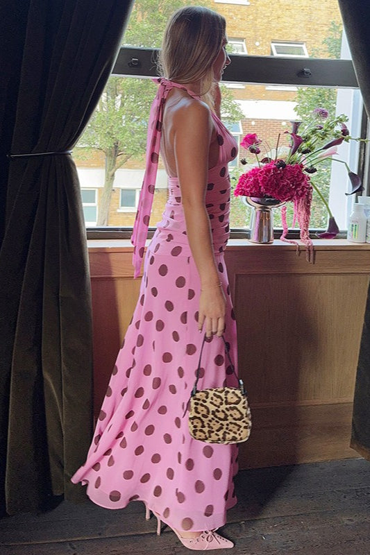 Maxikleid mit Neckholder, V-Ausschnitt und Punktemuster in Rosa