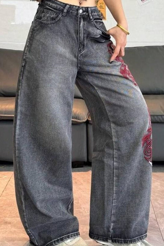 Jeans mit weitem Bein und Druck in Schwarz