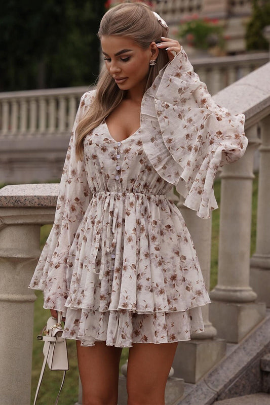 Minikleid mit V-Ausschnitt, Blumenmuster und Rüschen