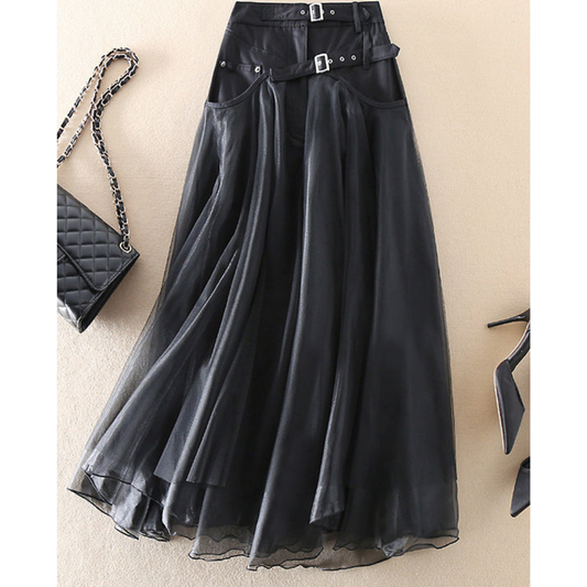 Damen Midi-Rock mit hoher Taille und Lagenlook – mit Gürtel