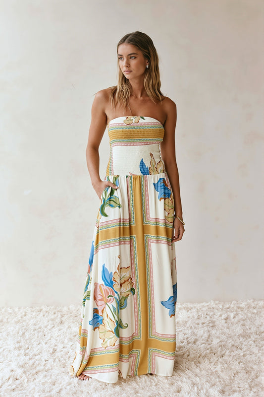 Trägerloses Maxikleid mit Blumenmuster in Beige