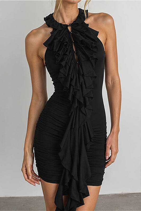 Figurbetontes Minikleid mit Neckholder und Rüschen
