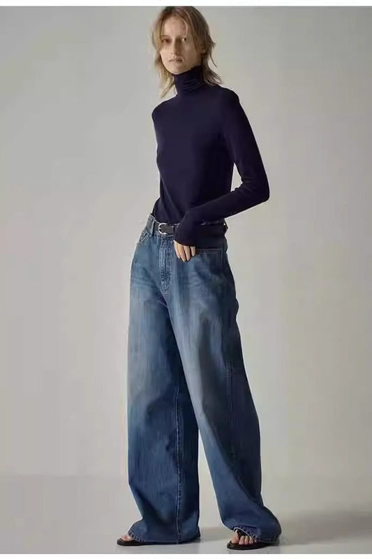 Jeans mit weitem Bein und hoher Taille in Blau, in dunkler Waschung