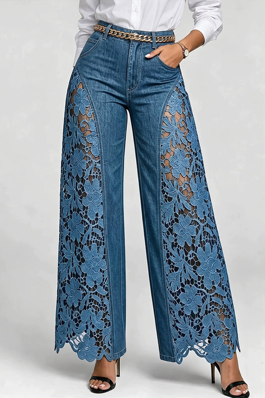 Hose mit weitem Bein, Blumenmuster und Spitze