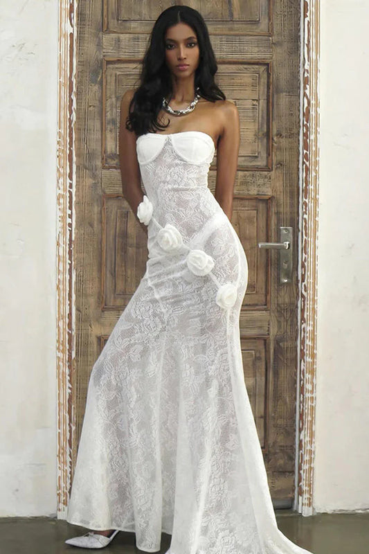 Trägerloses Maxikleid mit Blumenmuster, Spitze und Netzdetails