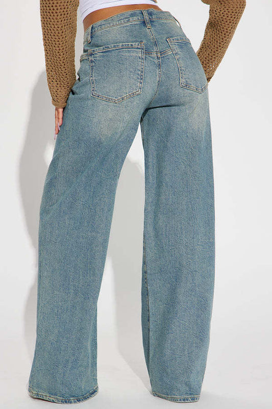 Jeans mit weitem Bein und Stickerei in Vintage Blau
