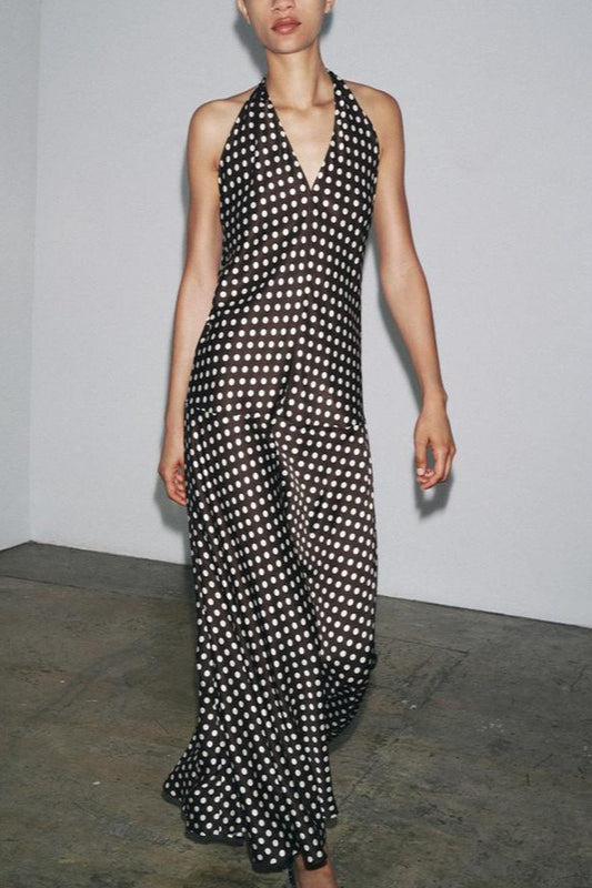 Maxikleid mit Neckholder und Punktemuster in Weiß
