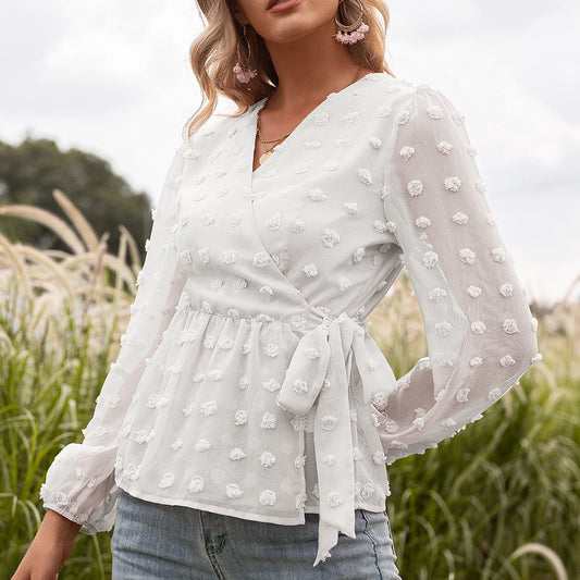 Anita - Frühlingsbluse aus Jacquard-Spitze mit V-Ausschnitt für Damen