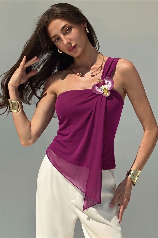 Asymmetrische Bluse mit Blumenmuster und Netzdetails