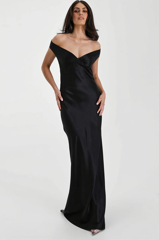 Schulterfreies Maxikleid mit Meerjungfrau-Silhouette und Satinoptik