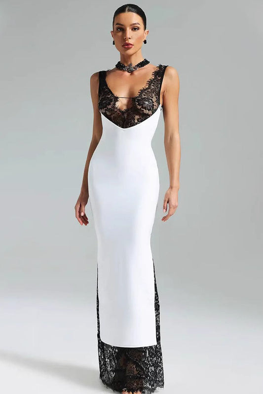 Ärmelloses Maxikleid mit V-Ausschnitt, Patchwork und Spitze