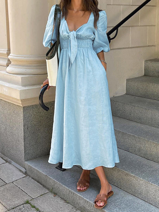 Jacqueline - Midikleid mit Krawatte aus Leinen und Baumwolle