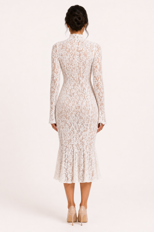 Elegantes Midi-Kleid aus Spitze für Damen mit hohem Kragen – Samara