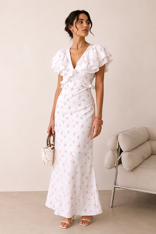 Damen Midikleid mit Blumendruck Rüsche elegant lässig - Hedda