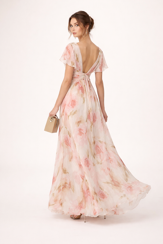 Langes Kleid mit Blumendruck und V-Ausschnitt - Isabella