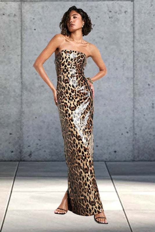 Trägerloses Maxikleid mit Leopardenmuster und Farbblockmuster