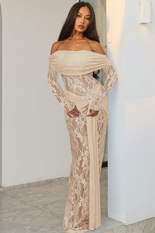 Schulterfreies Maxikleid mit langen Ärmeln, Wickeldesign und Spitze