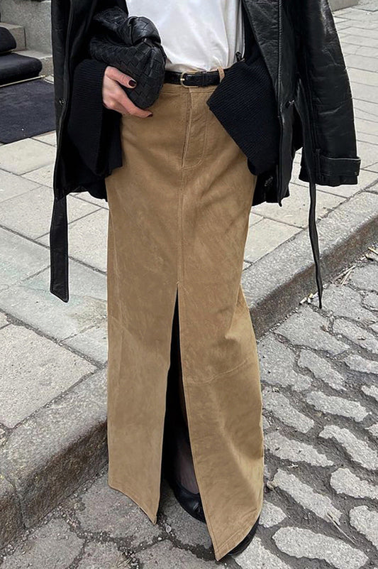 Midirock mit hoher Taille, Schlitz und Wildleder