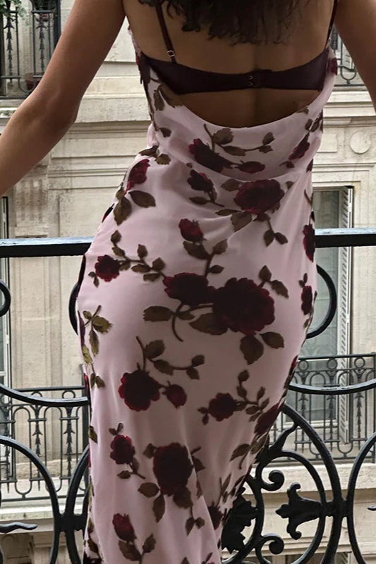 Figurbetontes Maxikleid mit Druck in Rosa, rückenfrei