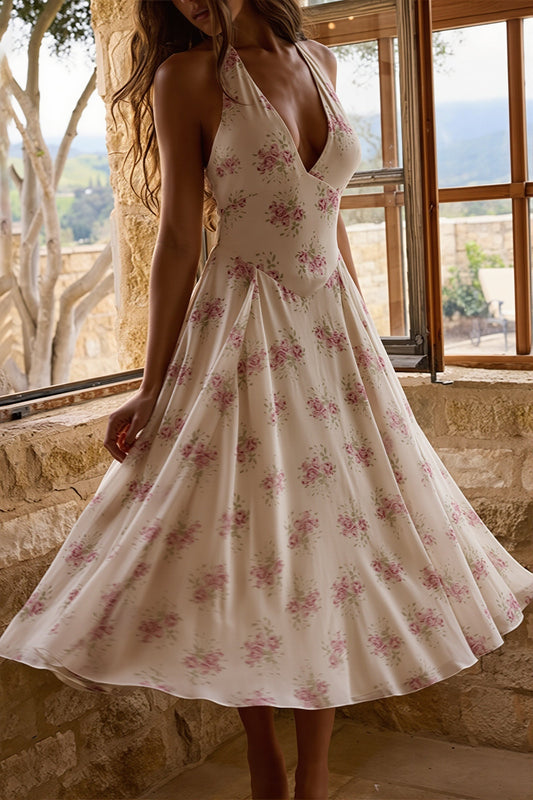 Rückenfreies Midikleid mit Neckholder, V-Ausschnitt und Druck