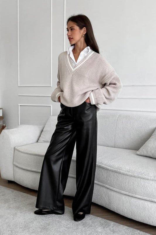 Hose mit Leder in Schwarz