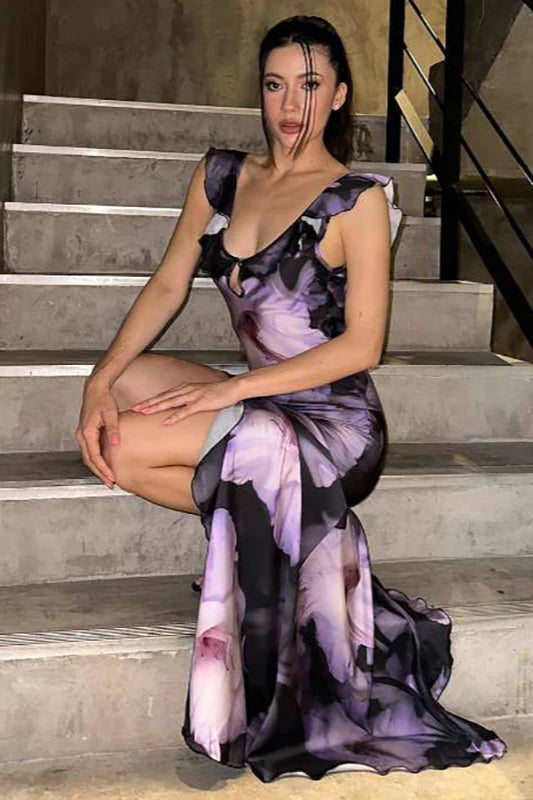 Rückenfreies Maxikleid mit Rüschen in Lila
