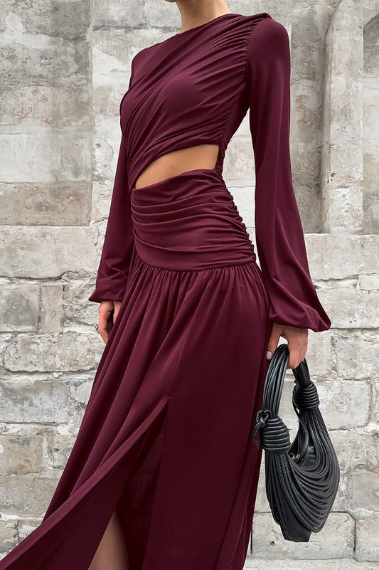 Maxikleid mit Rundhalsausschnitt, langen Ärmeln und Aussparungen