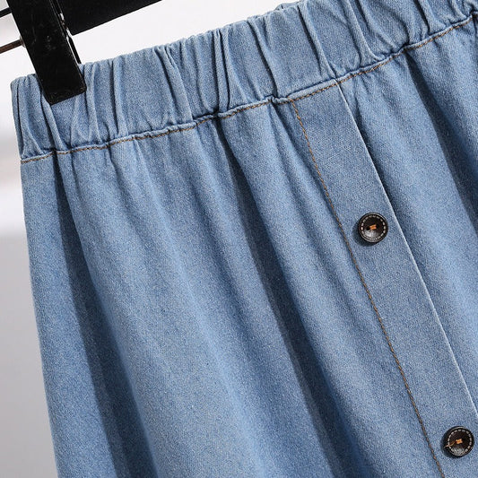 Damen Midirock Denim mit Gummizug in der Taille und Knöpfen - Renata