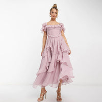 Valery - Modisches langes Kleid mit Rüschen für Partys