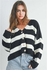 Locker geschnittene Strickjacke mit V-Ausschnitt, langen Ärmeln und Streifenmuster