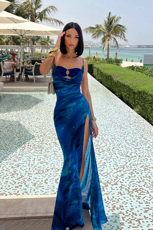 Maxikleid mit Wasserfallausschnitt, Schlitz und Blumenmuster
