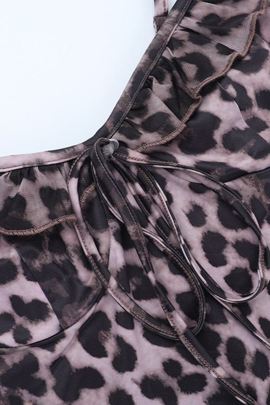 Maxikleid mit V-Ausschnitt, Leopardenmuster und Rüschen