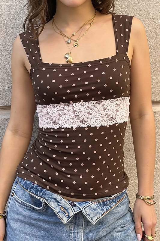 Tanktop mit Punktemuster und Spitze