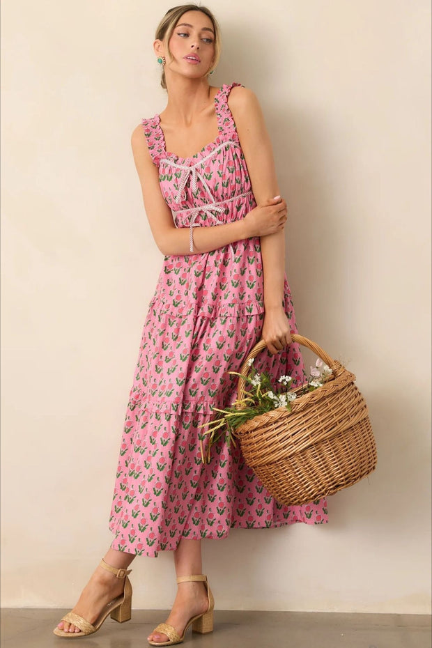 Kleid mit Blumenmuster in Rosa, lang